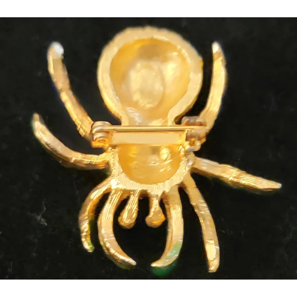 Vintage‎ Enamel Spider Brooch Gold Tone Rhinestone Blue Green Insect Pin Novelty